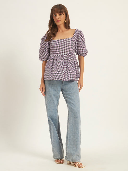 Women Purple & White Checks Square Neck Top