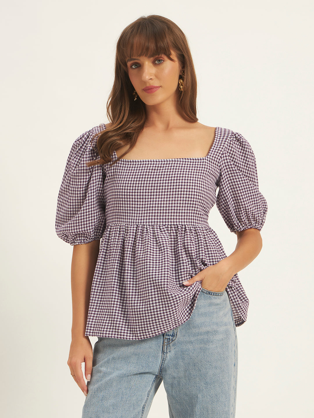 Women Purple & White Checks Square Neck Top