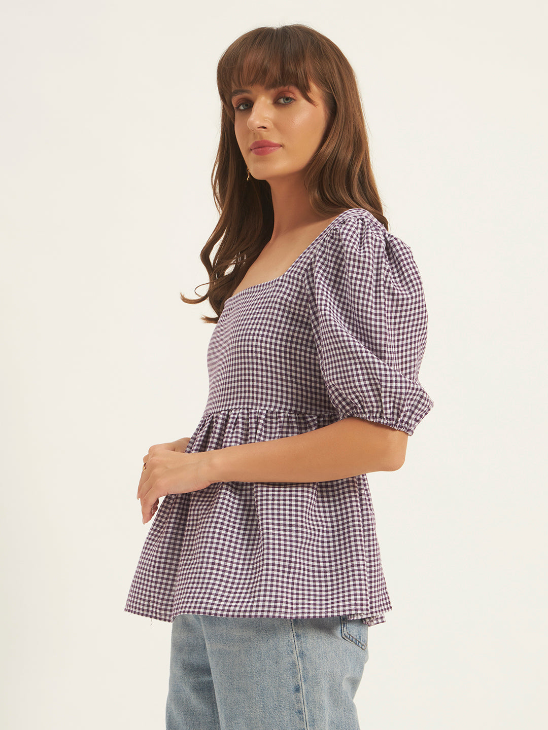 Women Purple & White Checks Square Neck Top