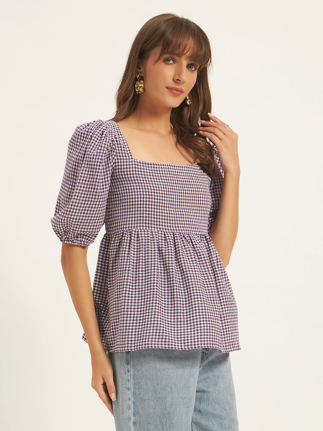 Women Purple & White Checks Square Neck Top