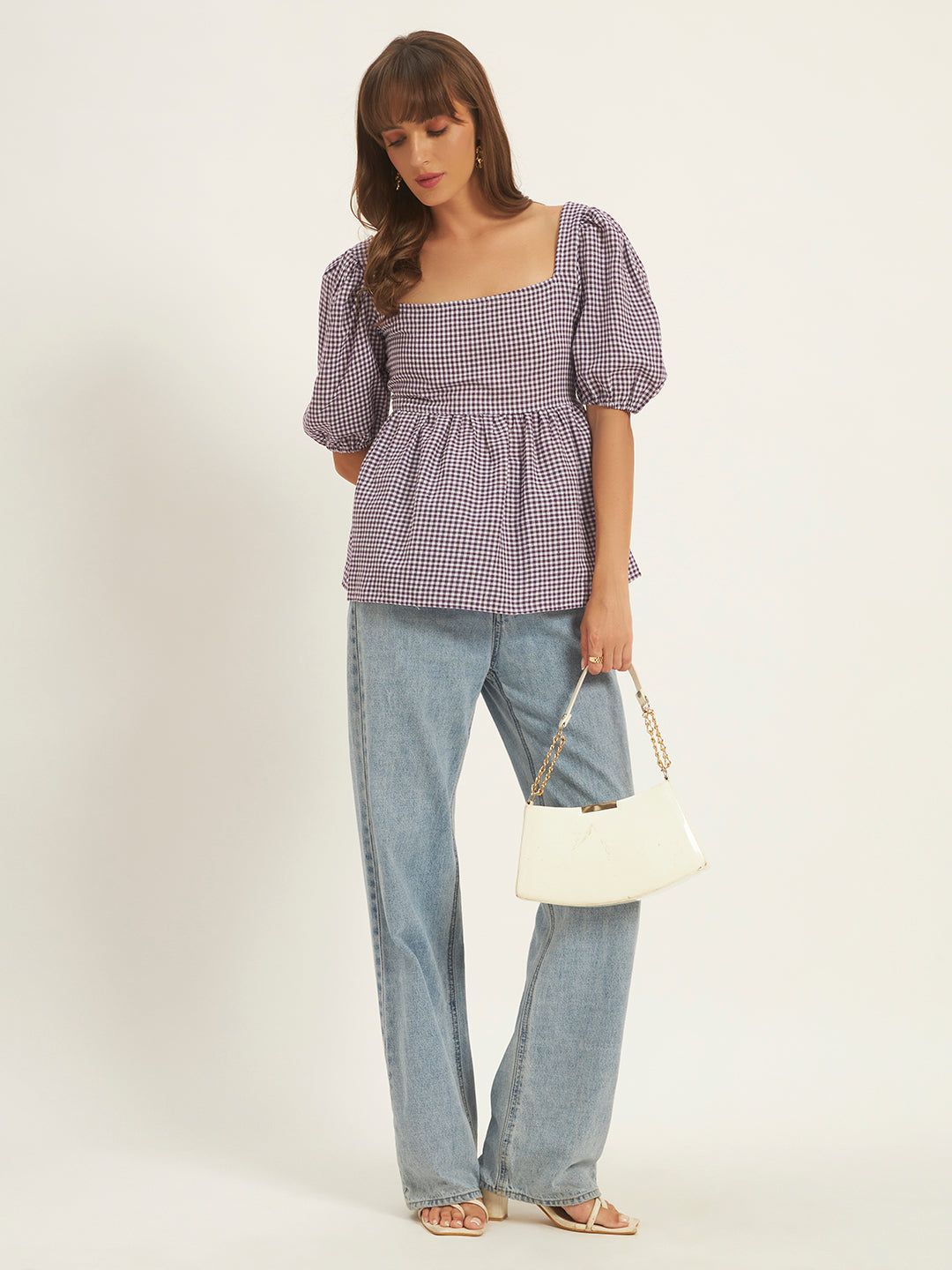 Women Purple & White Checks Square Neck Top