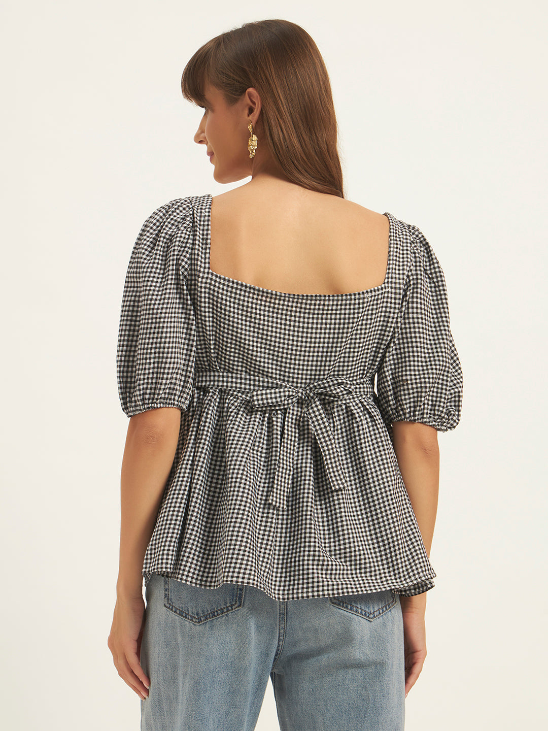 Women Black & White Checks Square Neck Top