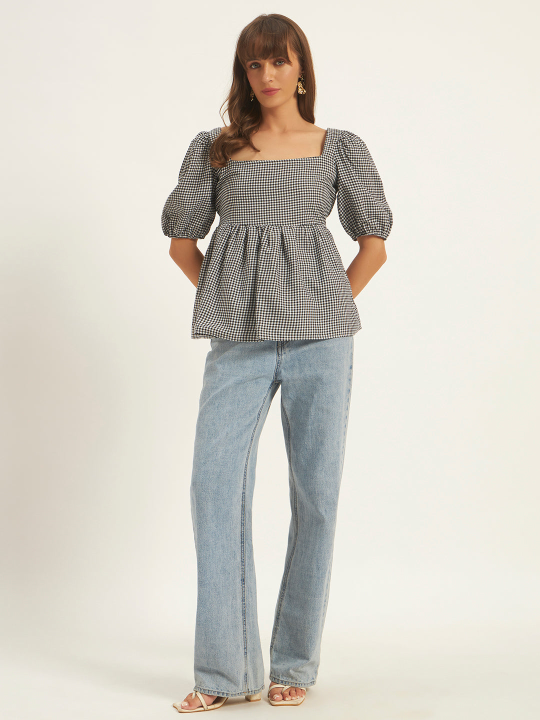 Women Black & White Checks Square Neck Top