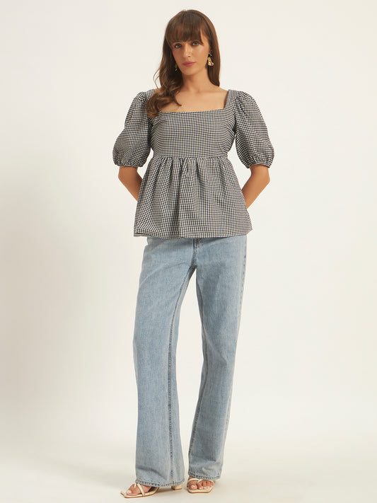 Women Black & White Checks Square Neck Top