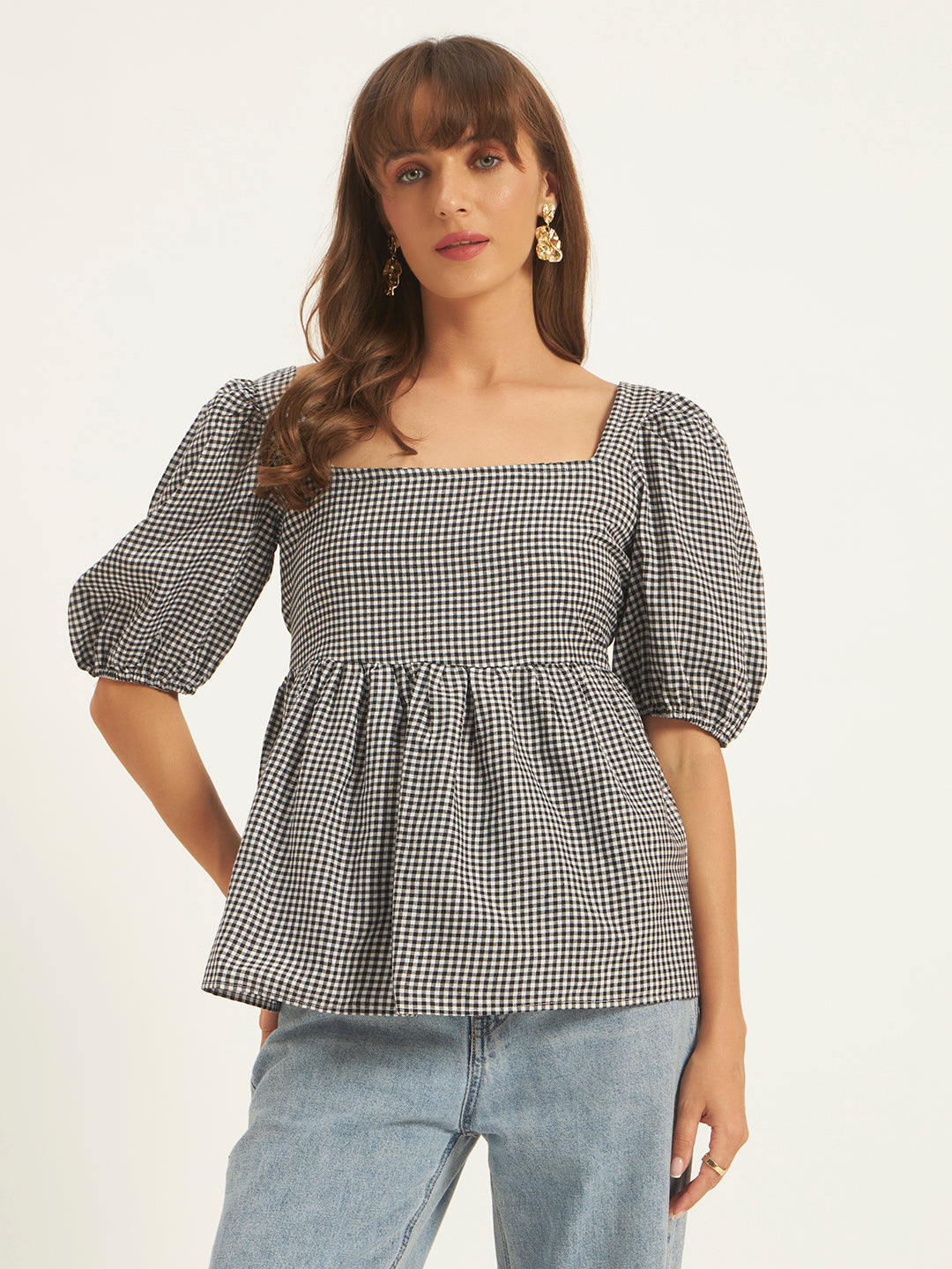 Women Black & White Checks Square Neck Top