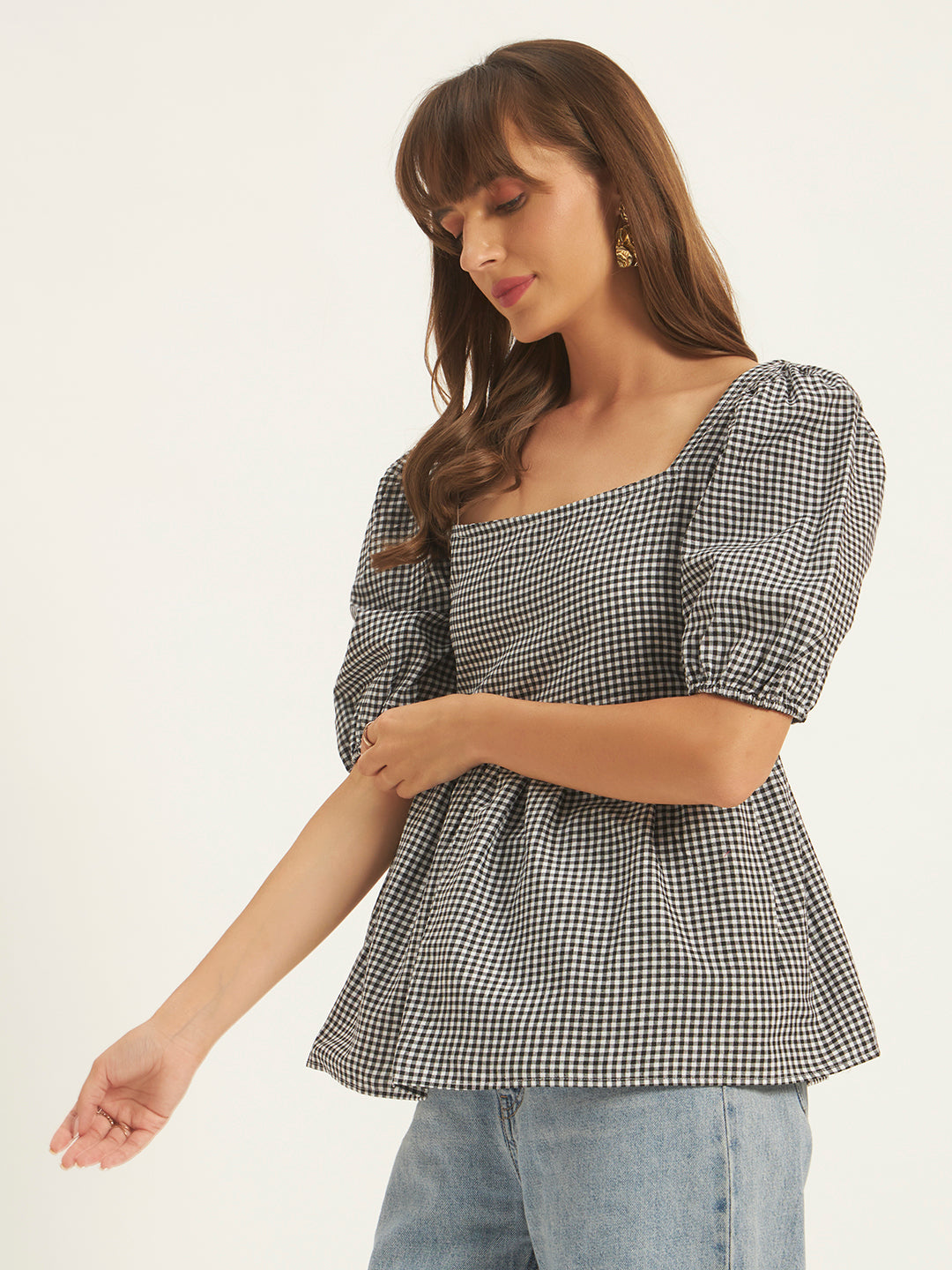 Women Black & White Checks Square Neck Top