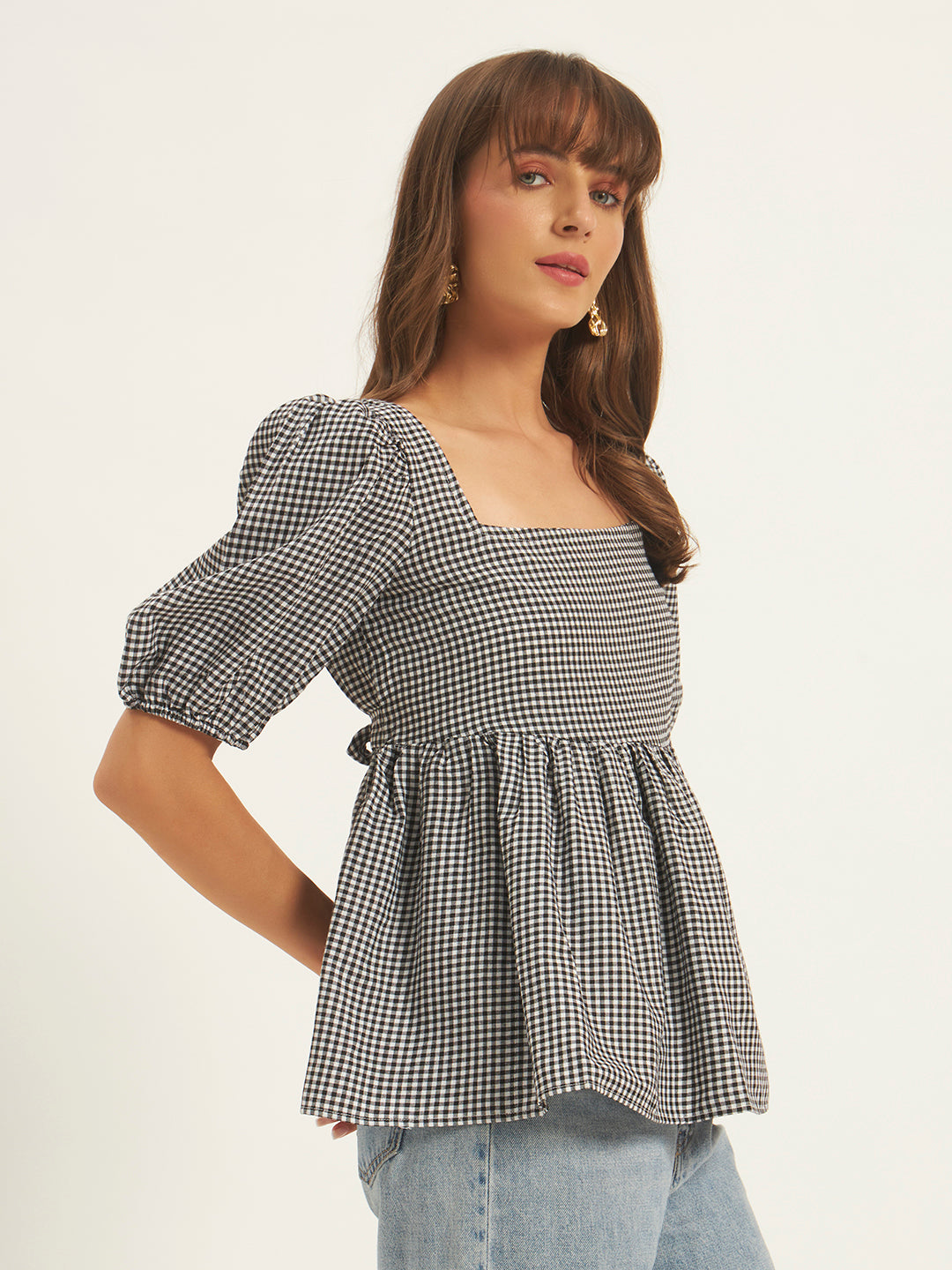 Women Black & White Checks Square Neck Top