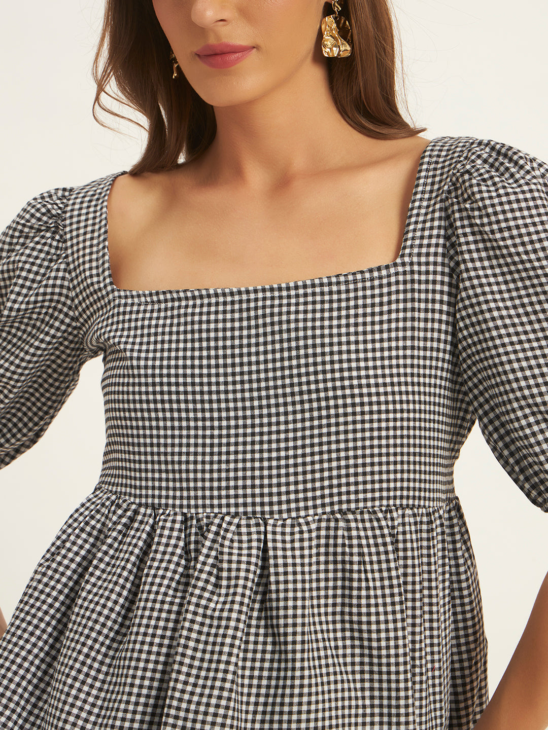Women Black & White Checks Square Neck Top