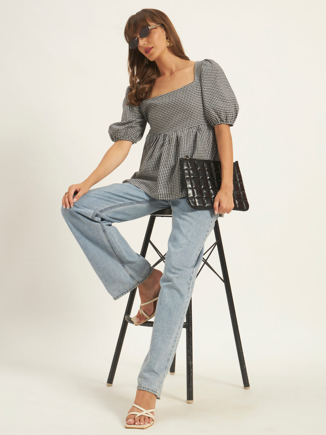 Women Black & White Checks Square Neck Top