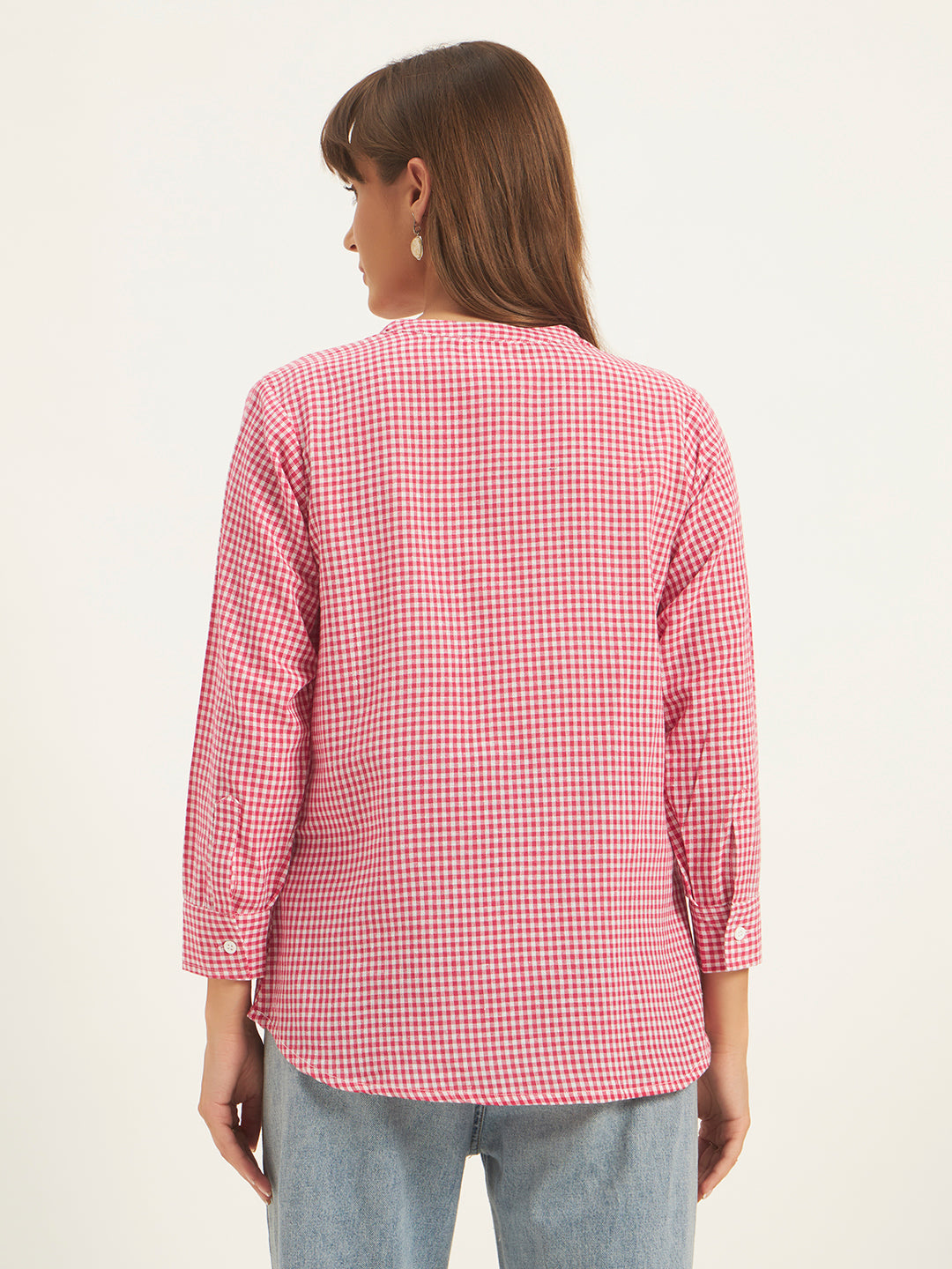 Women Pink & White Checks Mandarin collar Shirt Top