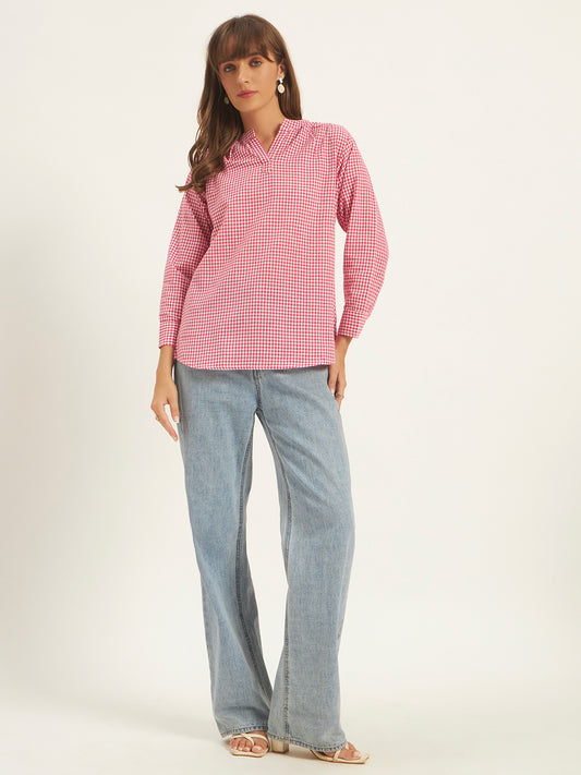 Women Pink & White Checks Mandarin collar Shirt Top