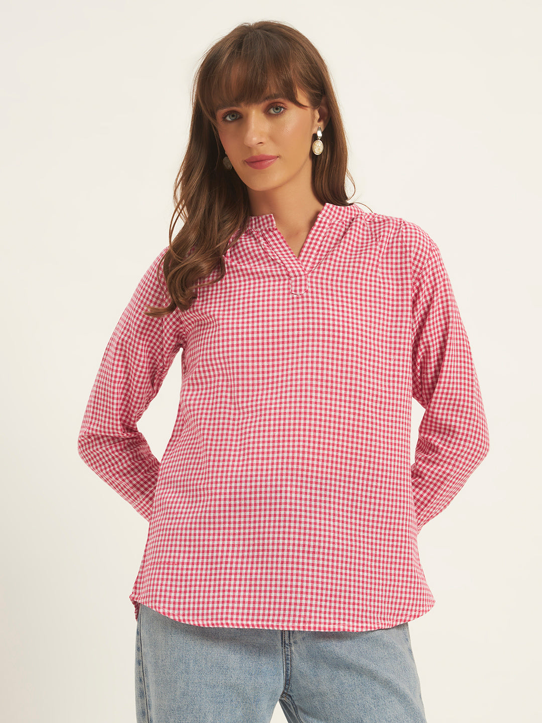 Women Pink & White Checks Mandarin collar Shirt Top
