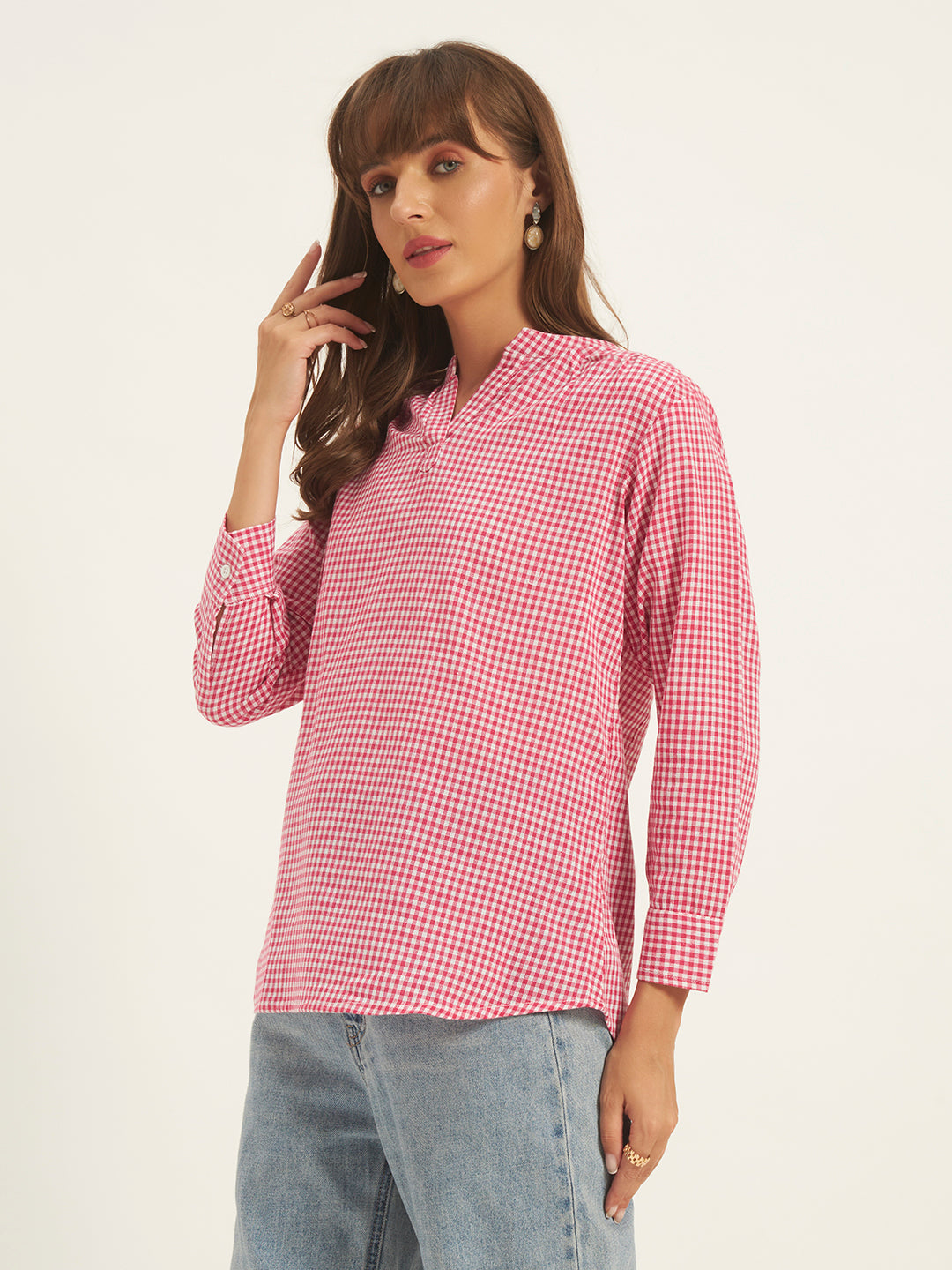 Women Pink & White Checks Mandarin collar Shirt Top