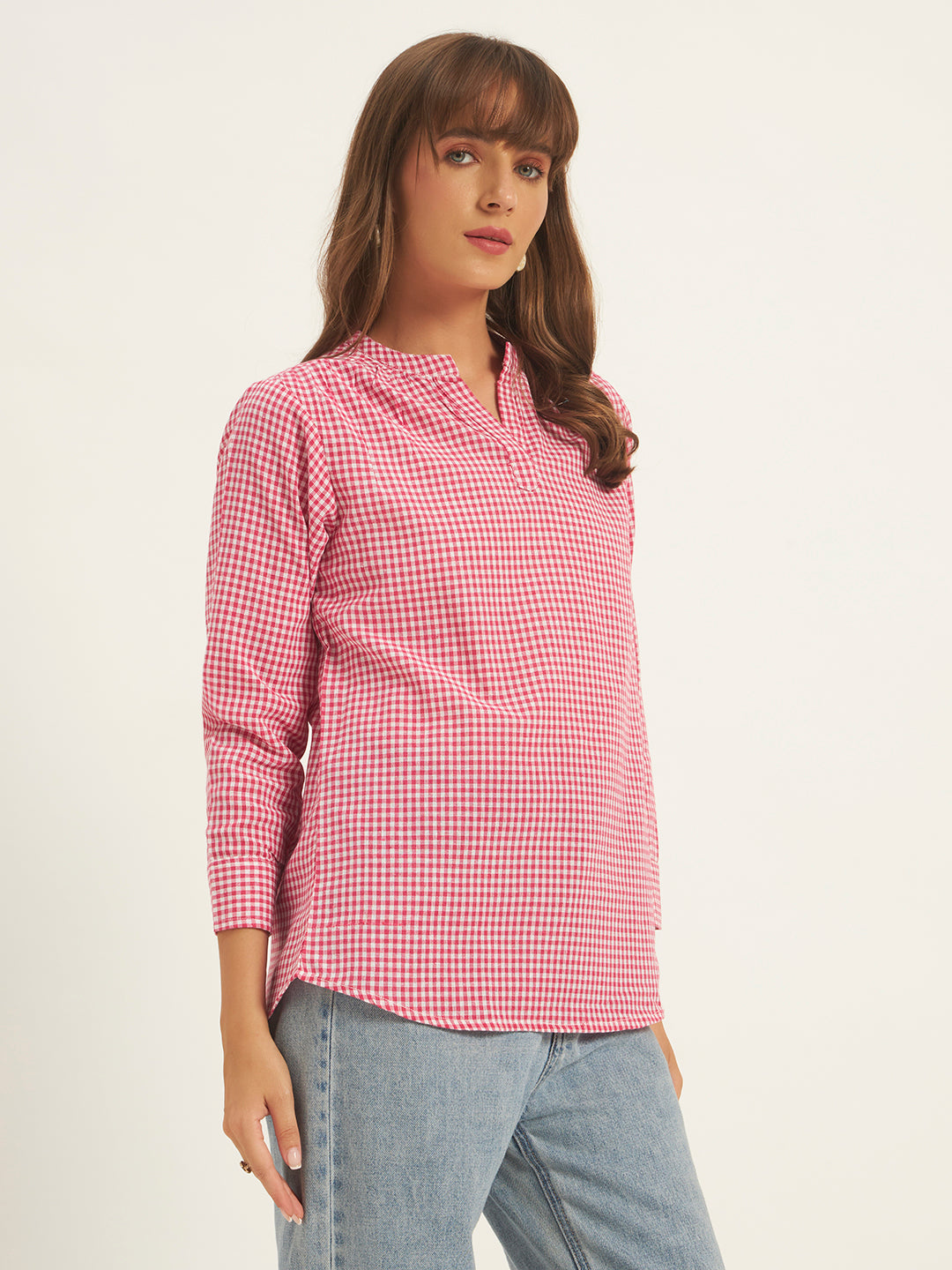 Women Pink & White Checks Mandarin collar Shirt Top