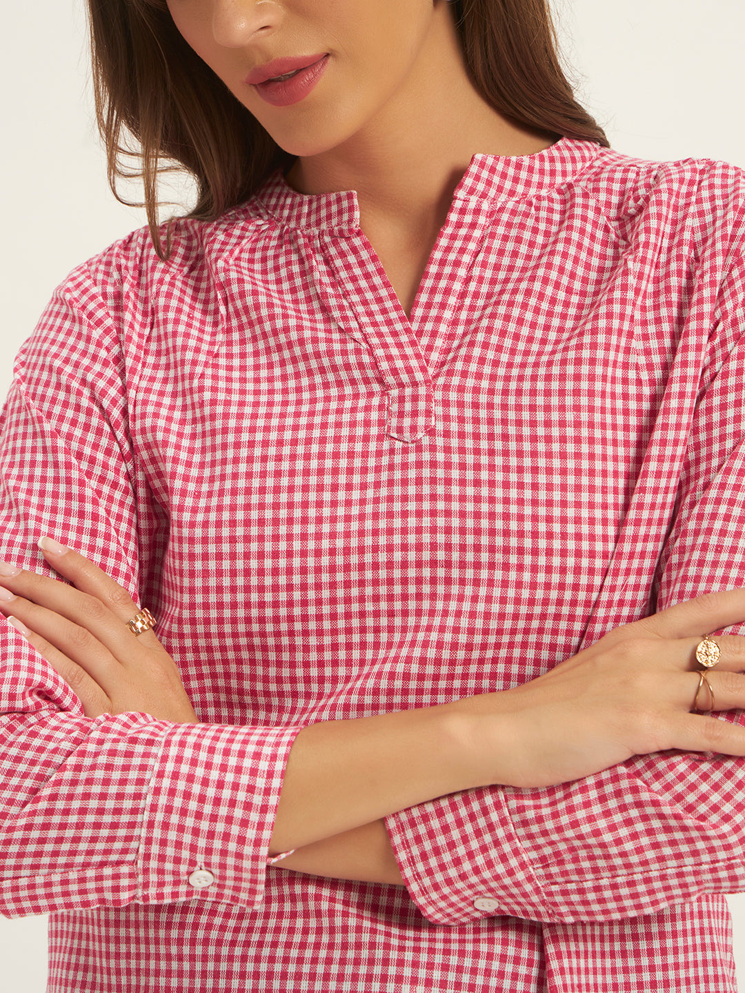 Women Pink & White Checks Mandarin collar Shirt Top