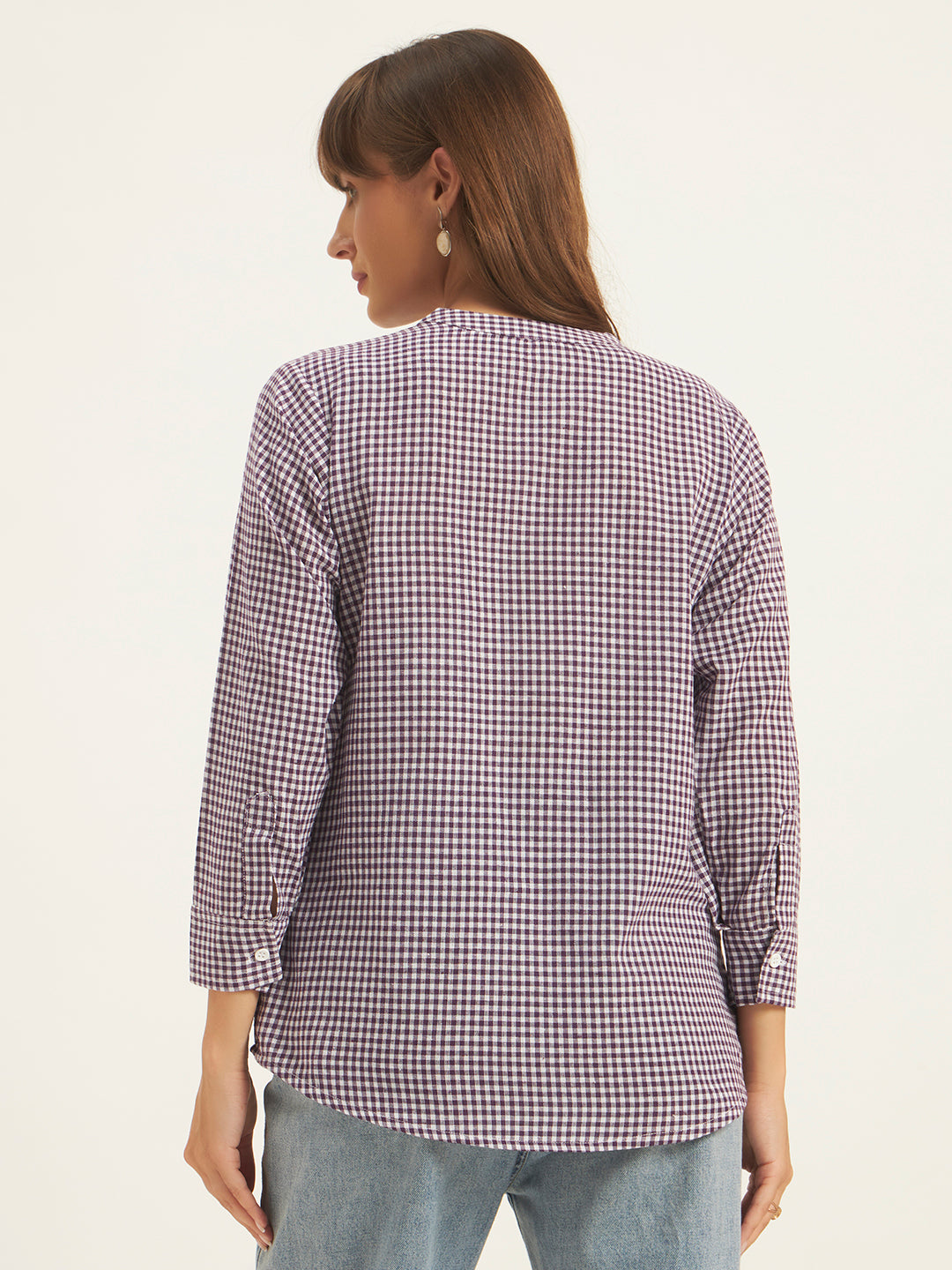 Women Purple & White Checks Mandarin collar Shirt Top.