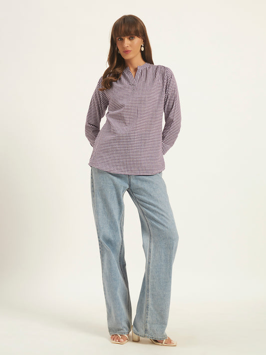 Women Purple & White Checks Mandarin collar Shirt Top.