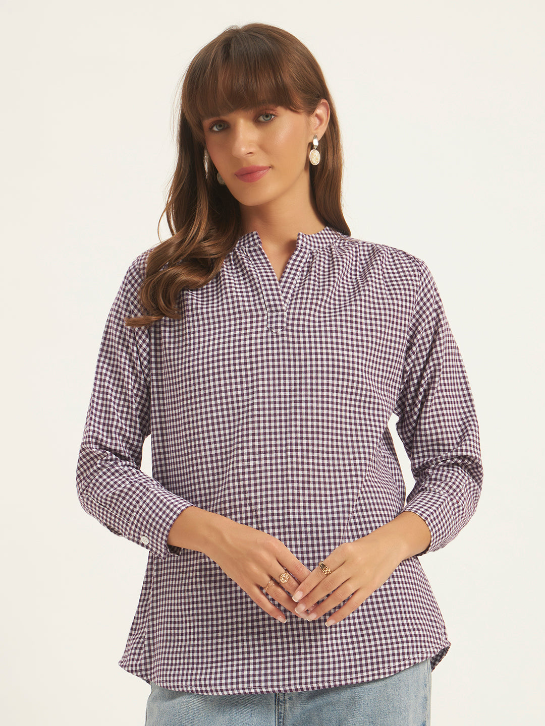 Women Purple & White Checks Mandarin collar Shirt Top.