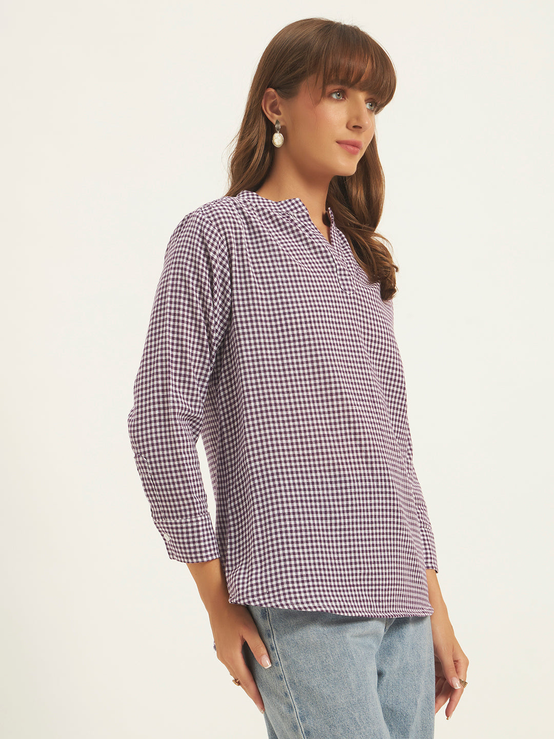 Women Purple & White Checks Mandarin collar Shirt Top.