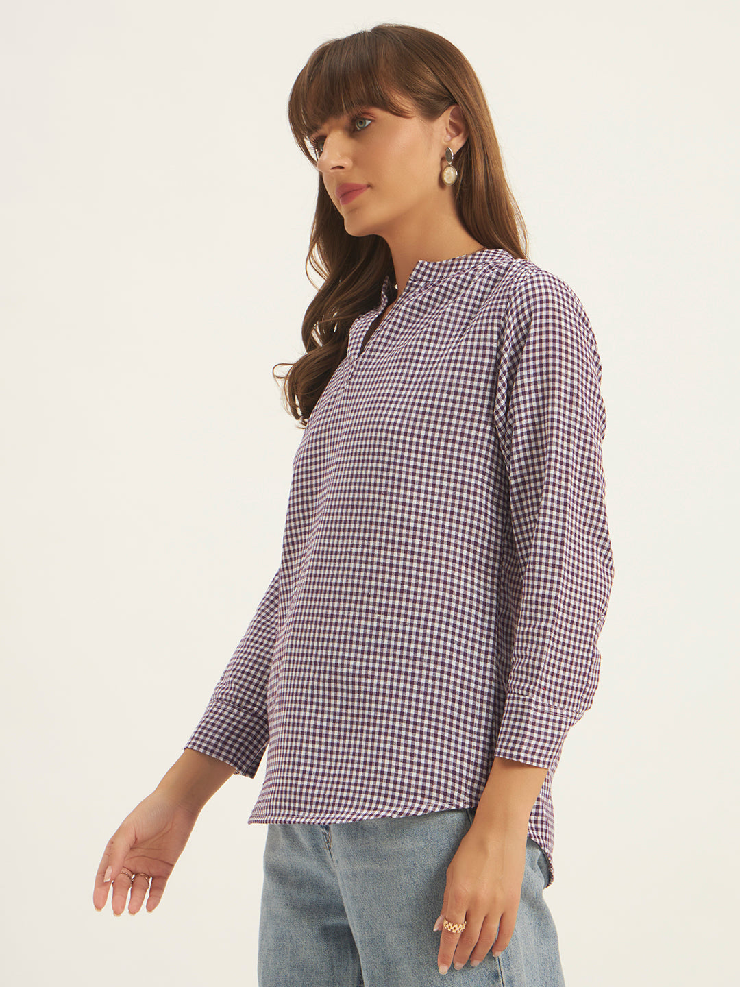 Women Purple & White Checks Mandarin collar Shirt Top.