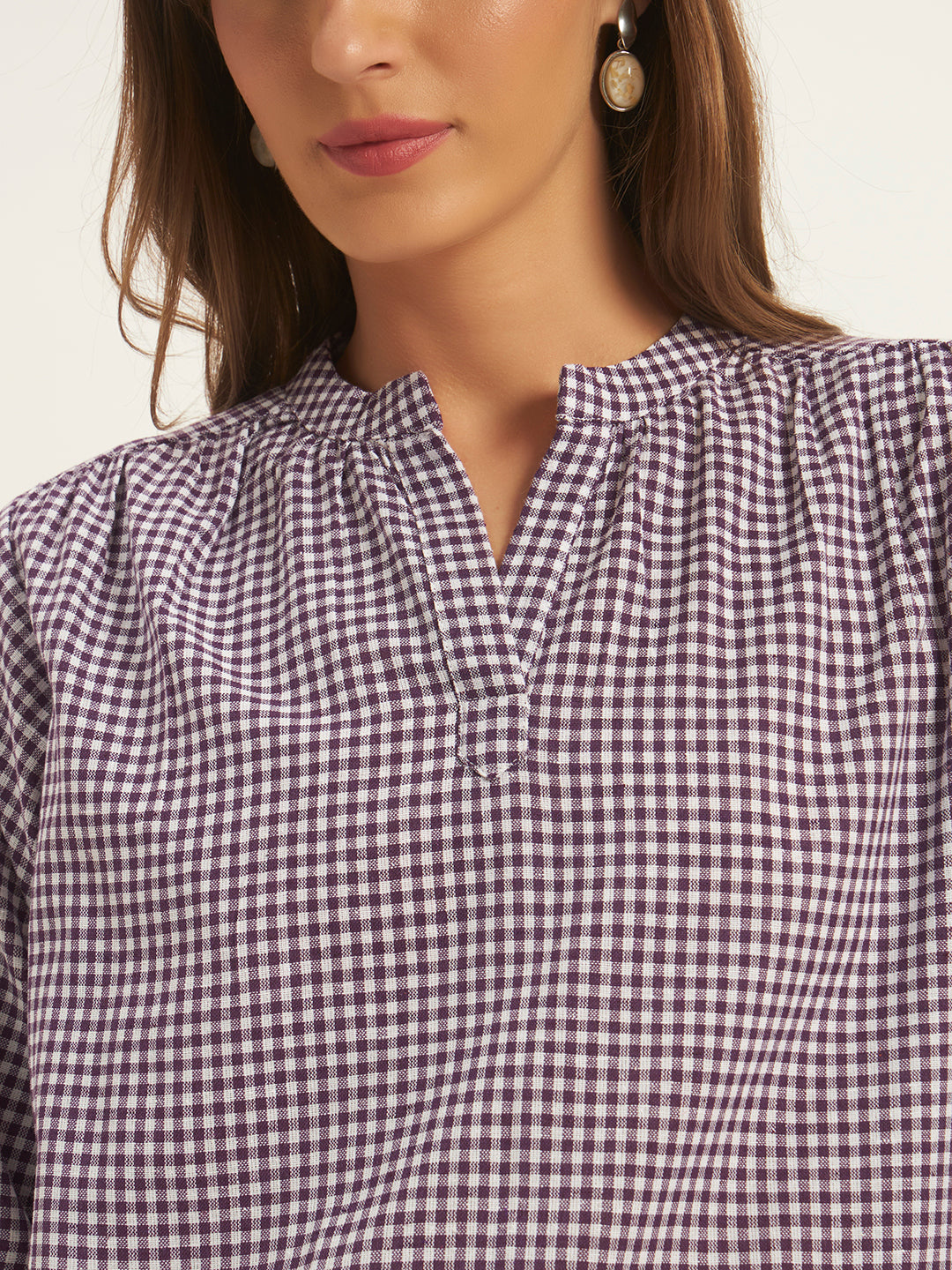Women Purple & White Checks Mandarin collar Shirt Top.