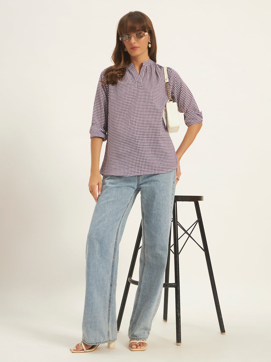 Women Purple & White Checks Mandarin collar Shirt Top.