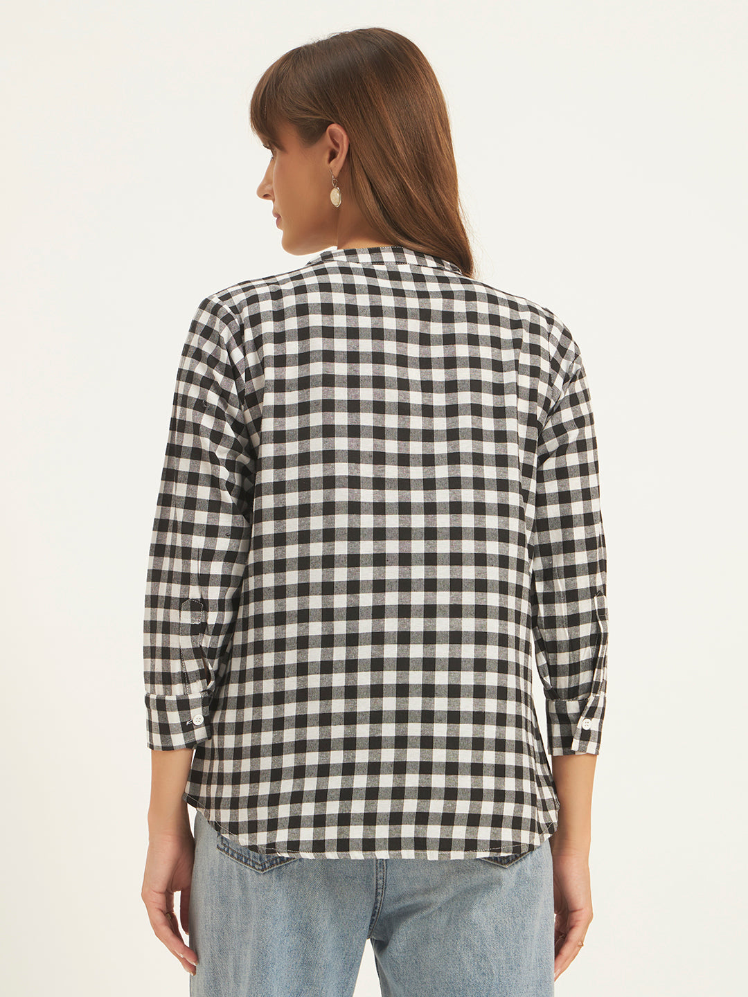 Women Black & White Checks Mandarin collar Shirt Top
