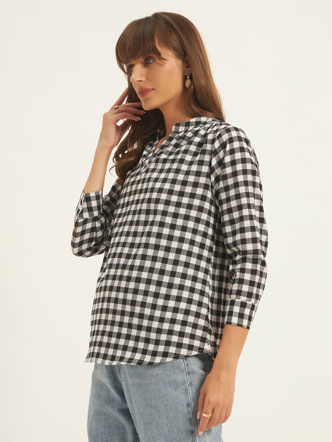 Women Black & White Checks Mandarin collar Shirt Top