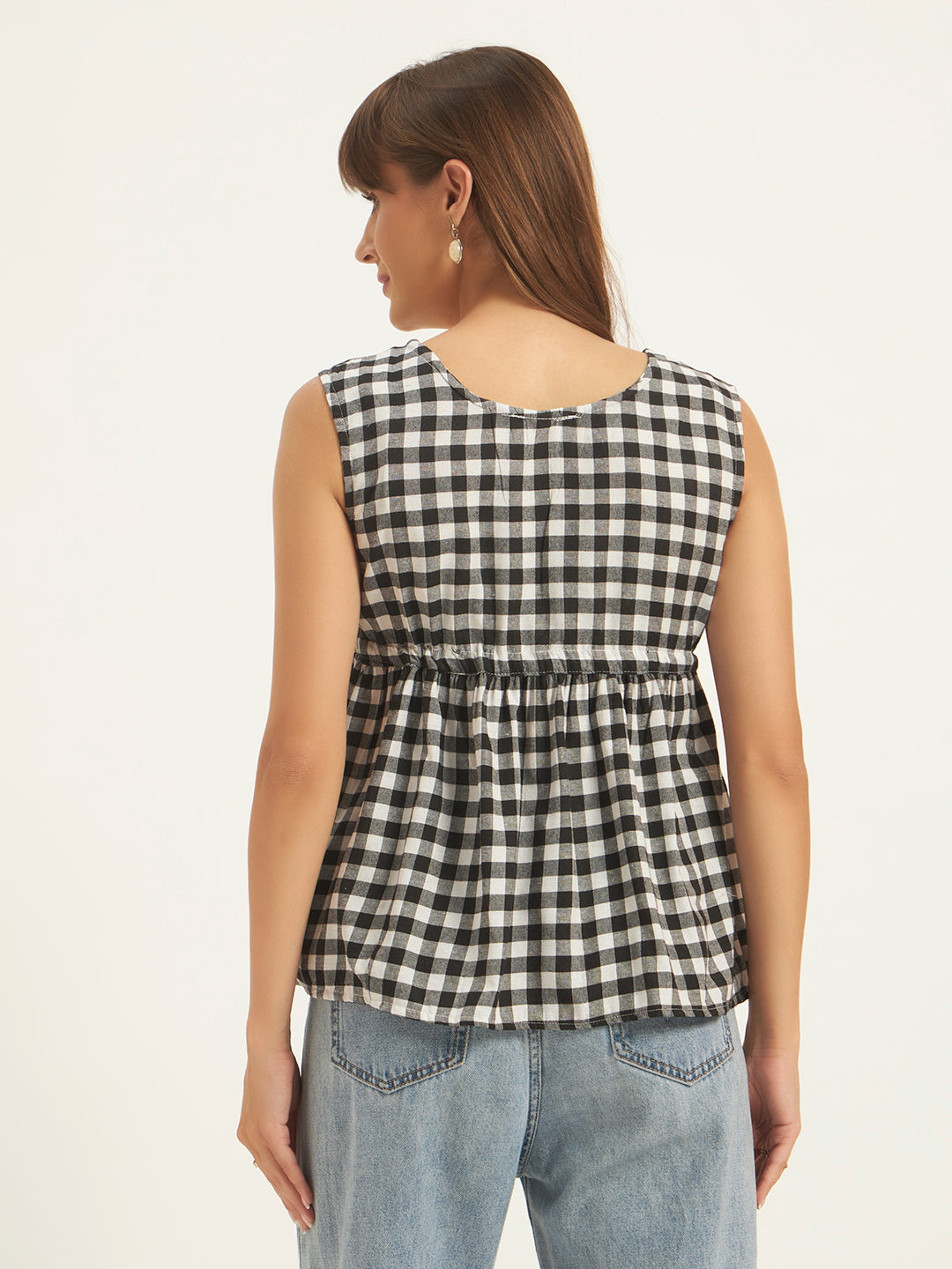 Women Black & White Checks Gathered Top.