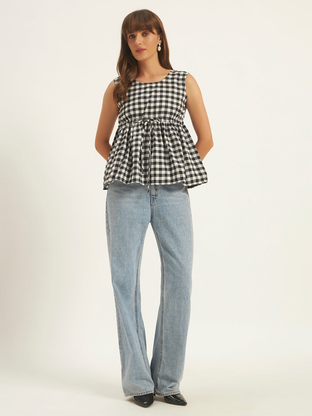 Women Black & White Checks Gathered Top.