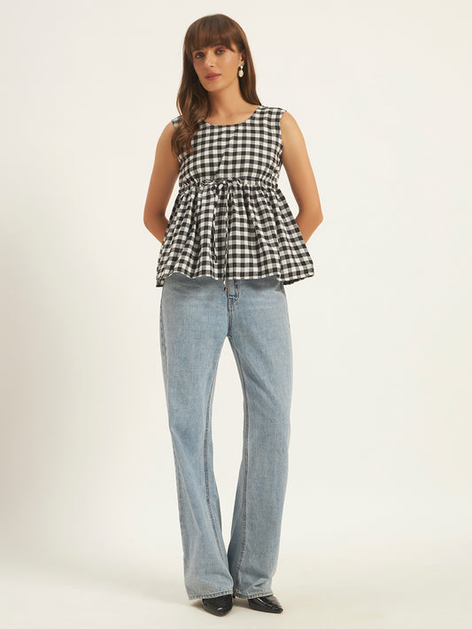 Women Black & White Checks Gathered Top.