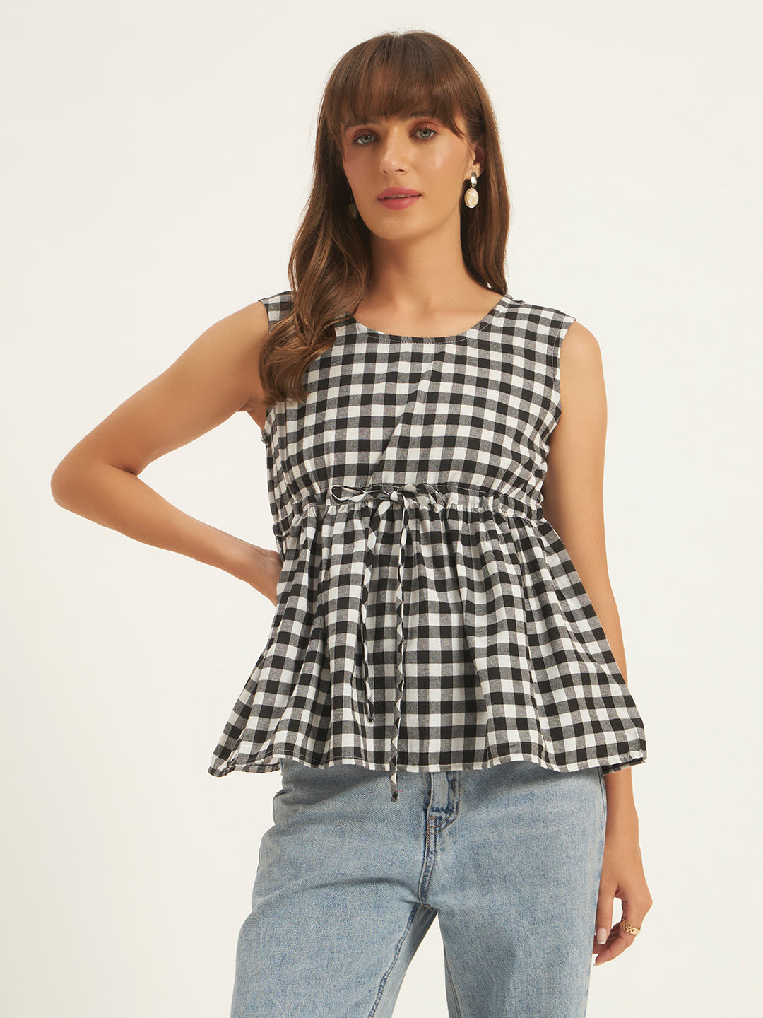 Women Black & White Checks Gathered Top.