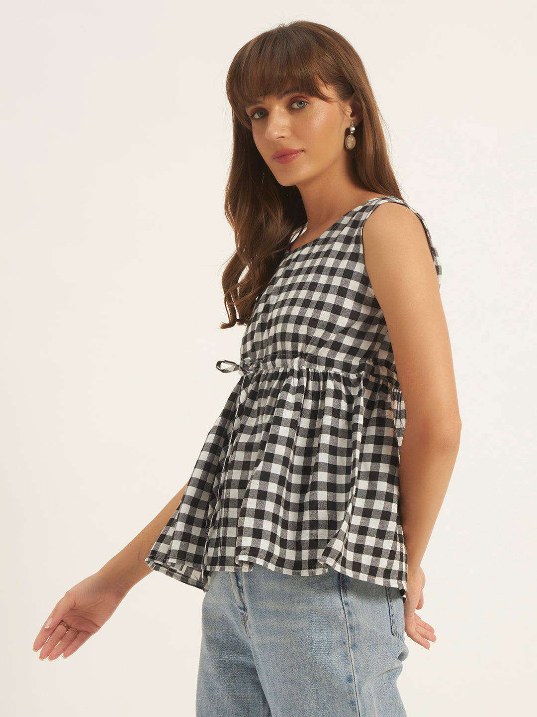 Women Black & White Checks Gathered Top.