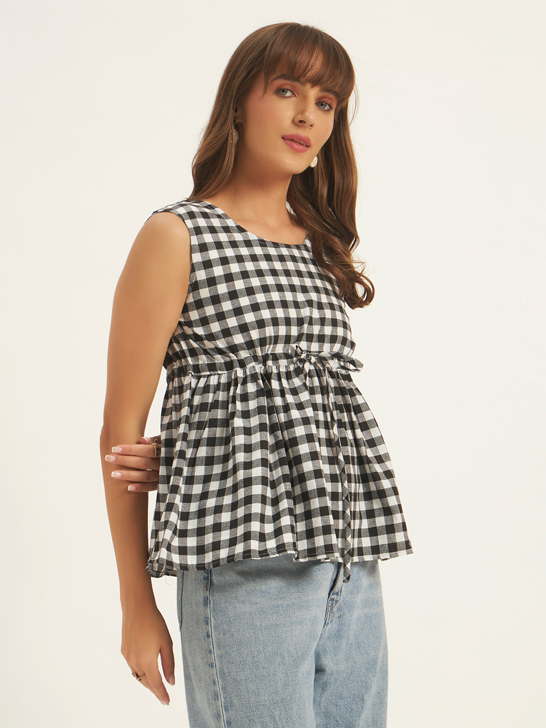Women Black & White Checks Gathered Top.