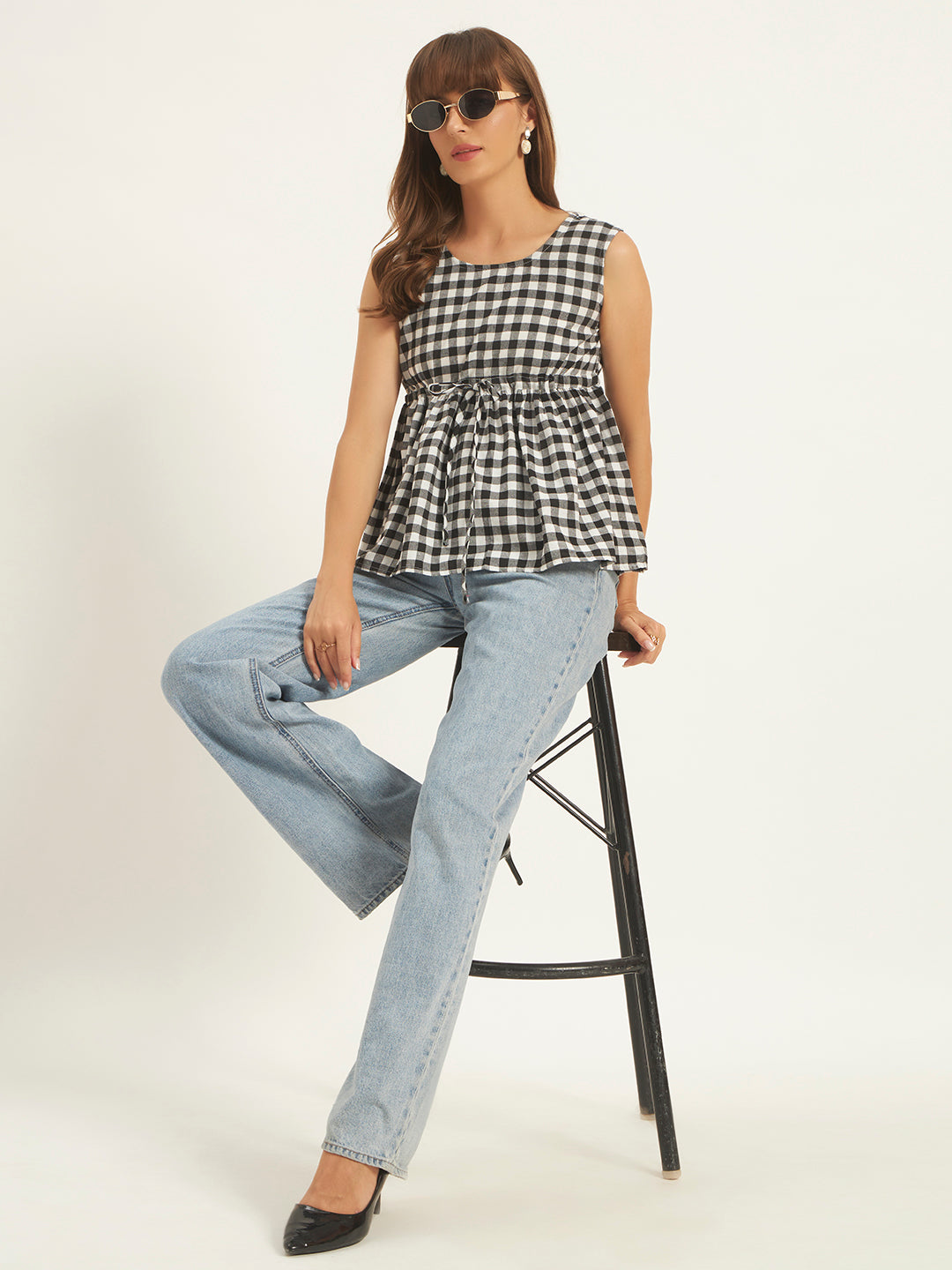 Women Black & White Checks Gathered Top.