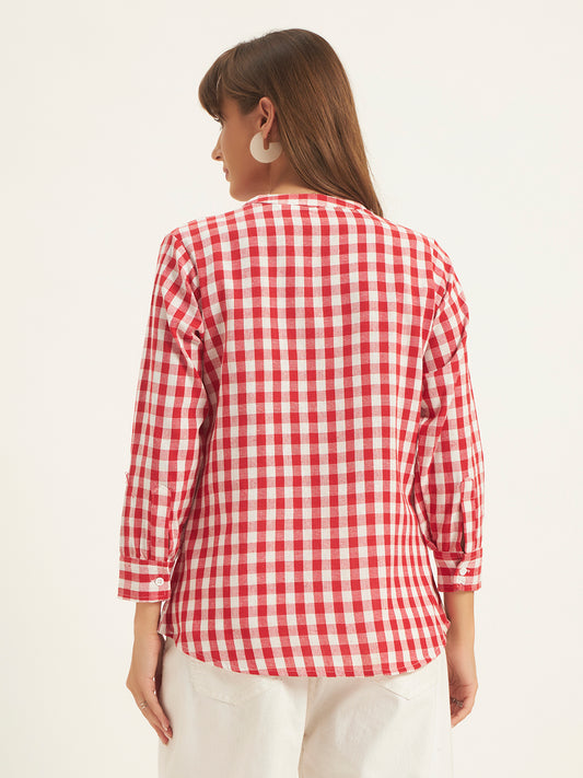 Women Red & White Checks Mandarin collar Shirt Top