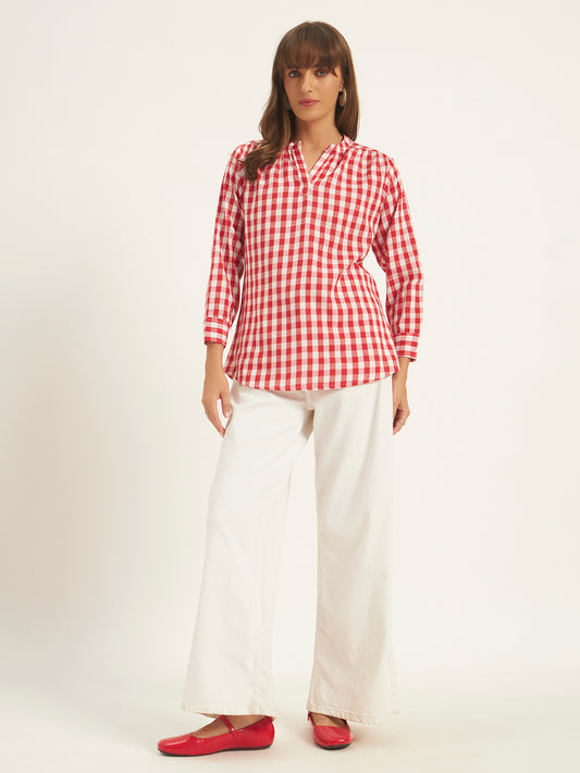Women Red & White Checks Mandarin collar Shirt Top