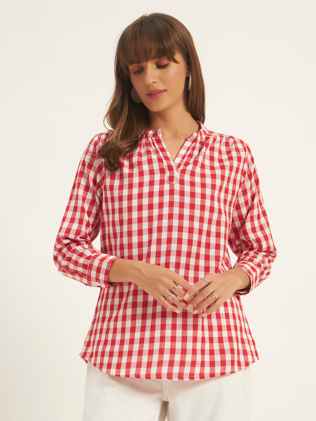 Women Red & White Checks Mandarin collar Shirt Top