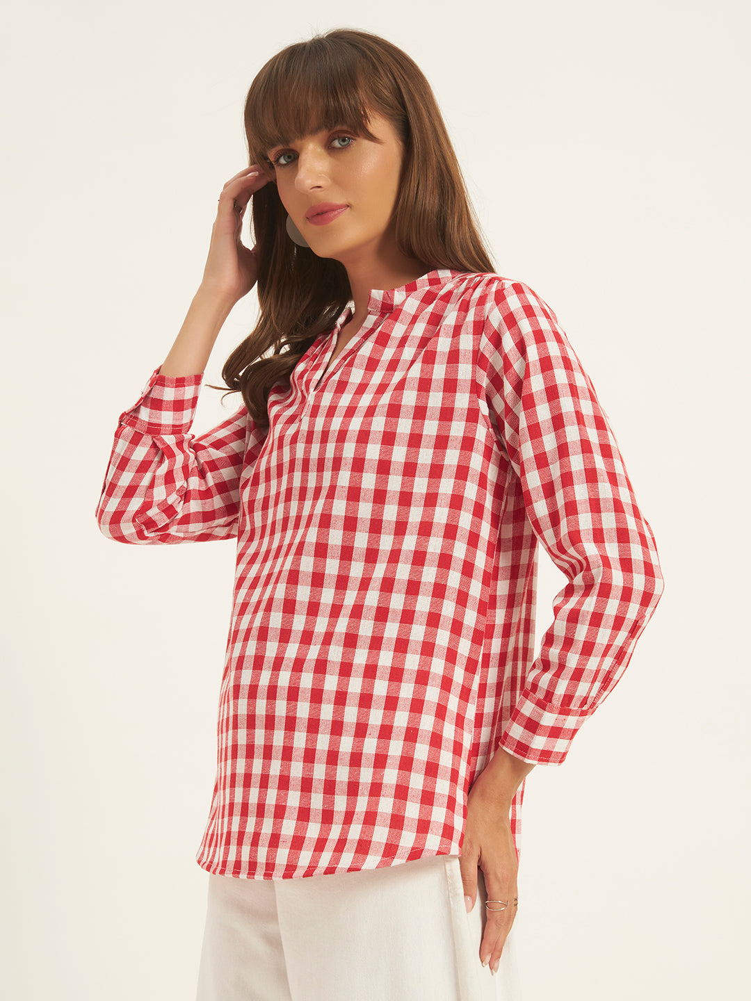 Women Red & White Checks Mandarin collar Shirt Top