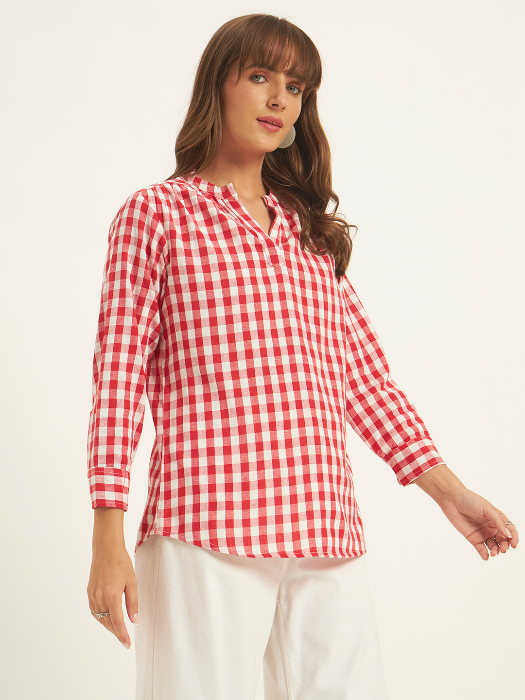 Women Red & White Checks Mandarin collar Shirt Top