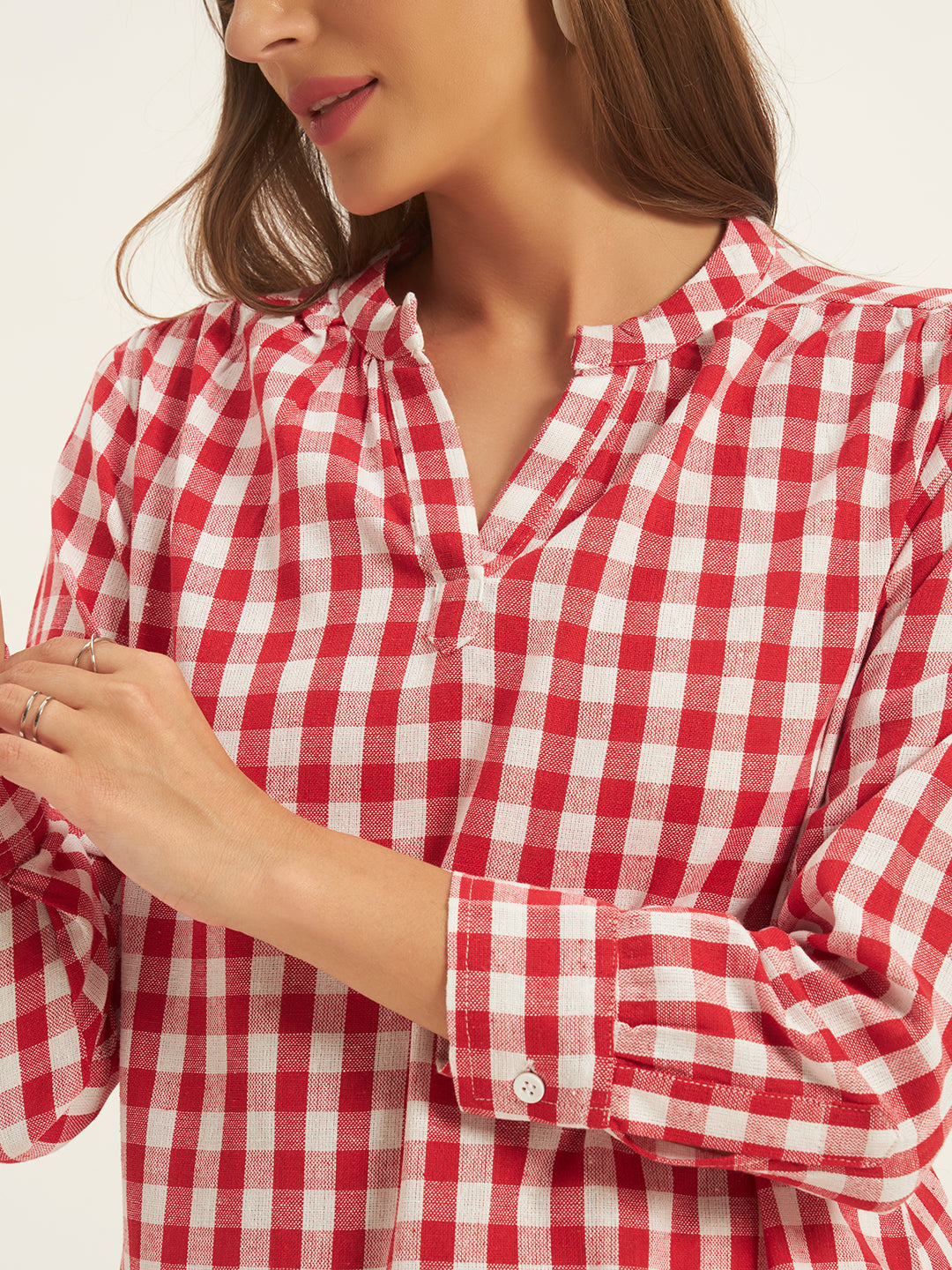 Women Red & White Checks Mandarin collar Shirt Top