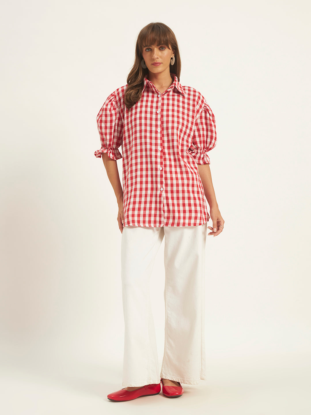 Women Red & White Checks Shirt Top