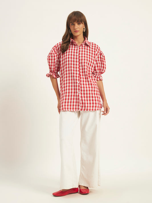 Women Red & White Checks Shirt Top