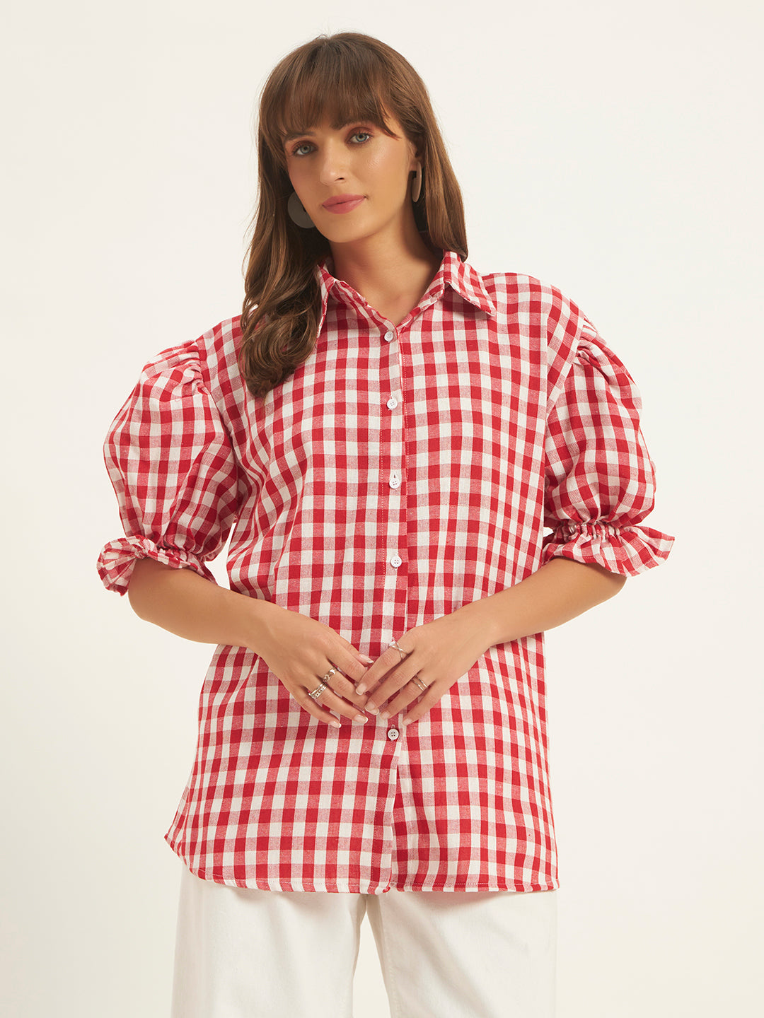 Women Red & White Checks Shirt Top