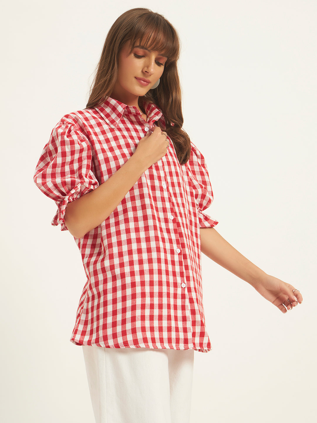 Women Red & White Checks Shirt Top