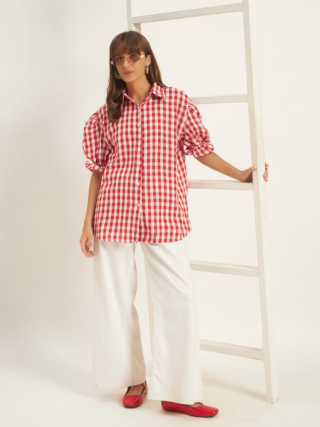 Women Red & White Checks Shirt Top