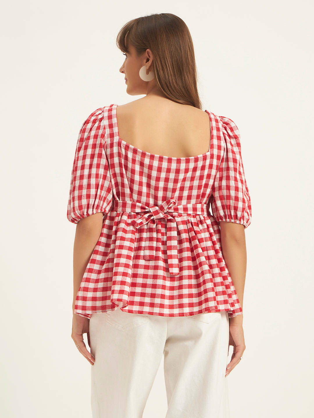 Women Red & White Checks Square Neck Top