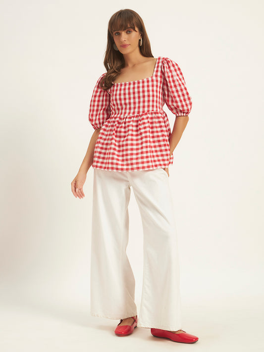 Women Red & White Checks Square Neck Top