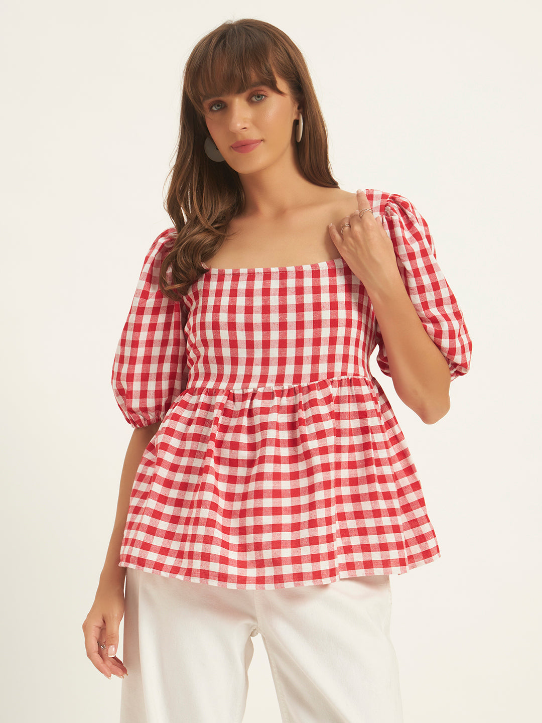 Women Red & White Checks Square Neck Top