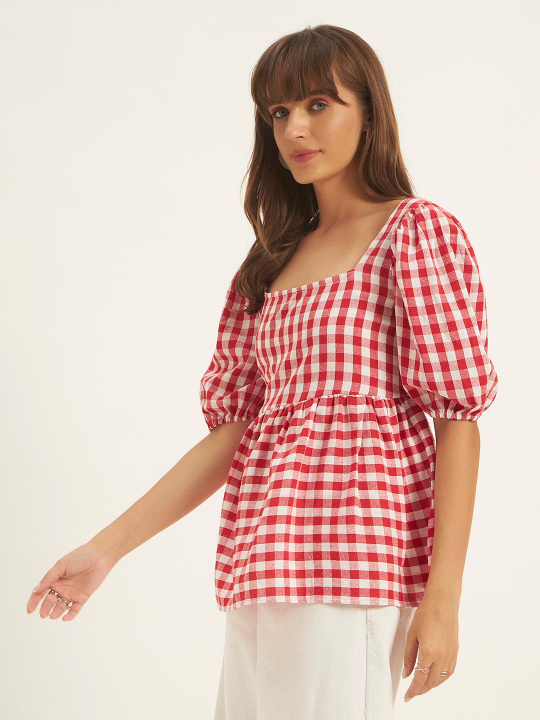 Women Red & White Checks Square Neck Top
